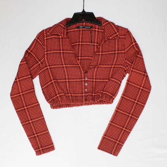 Zara Tops - ZARA Women's Junior Crop Button Up Shirt Jacket Blouse Orange Brown Plaid - XS